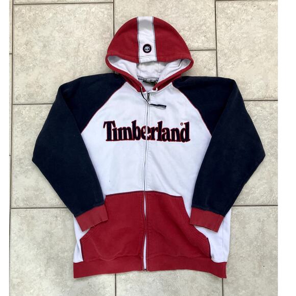 Vintage 90s Timberland Hoodie Mens XL Tall Zip Up Embroidered Urban Hip Hop - Picture 1 of 10